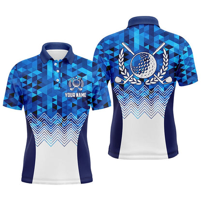 Golf Polo shirts, Mens Blue Geometric Golf Polo Shirts Custom Triangle Pattern Golf Shirts For Men, Cool Golf Gifts