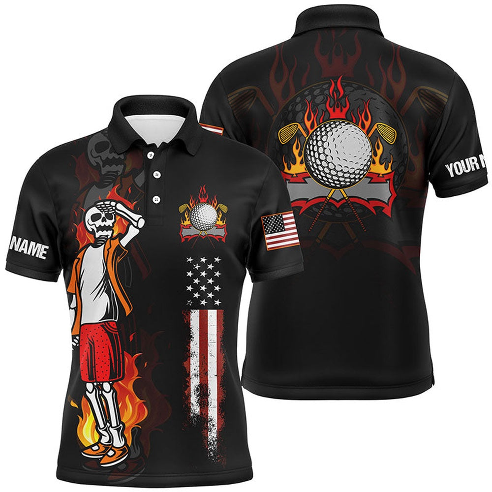 Golf Polo shirts, Mens Fire Skull Golf Polo Shirt, American Flag Golf Shirts For Men Crazy Skull Golf Shirt