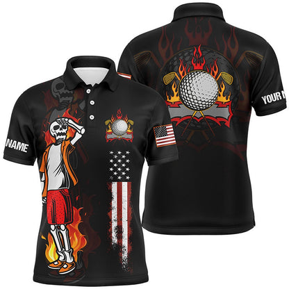 Golf Polo shirts, Mens Fire Skull Golf Polo Shirt, American Flag Golf Shirts For Men Crazy Skull Golf Shirt
