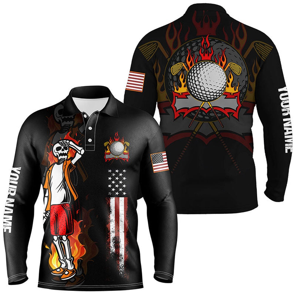 Golf Polo shirts, Mens Fire Skull Golf Polo Shirt, American Flag Golf Shirts For Men Crazy Skull Golf Shirt