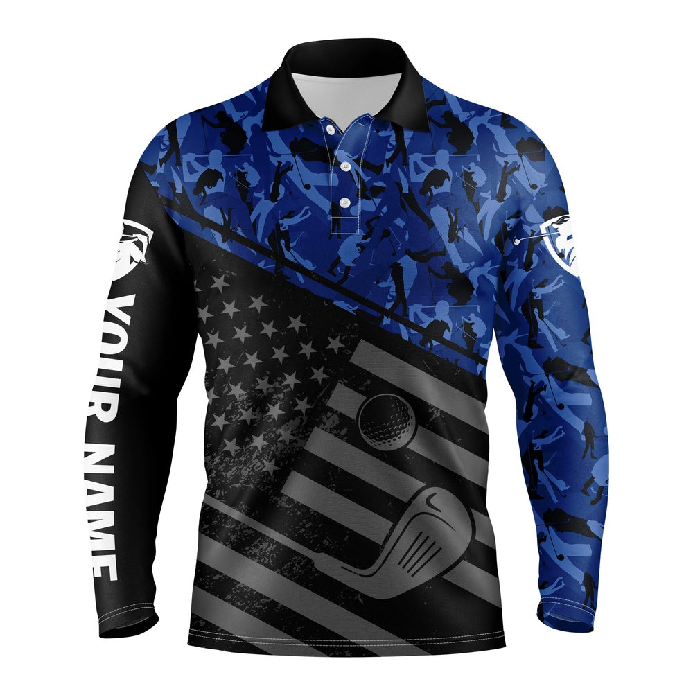 Golf Polo shirts, Mens Golf Polo Shirt Black American Flag Patriotic Blue Camo Polo Custom Name Golfing Gifts