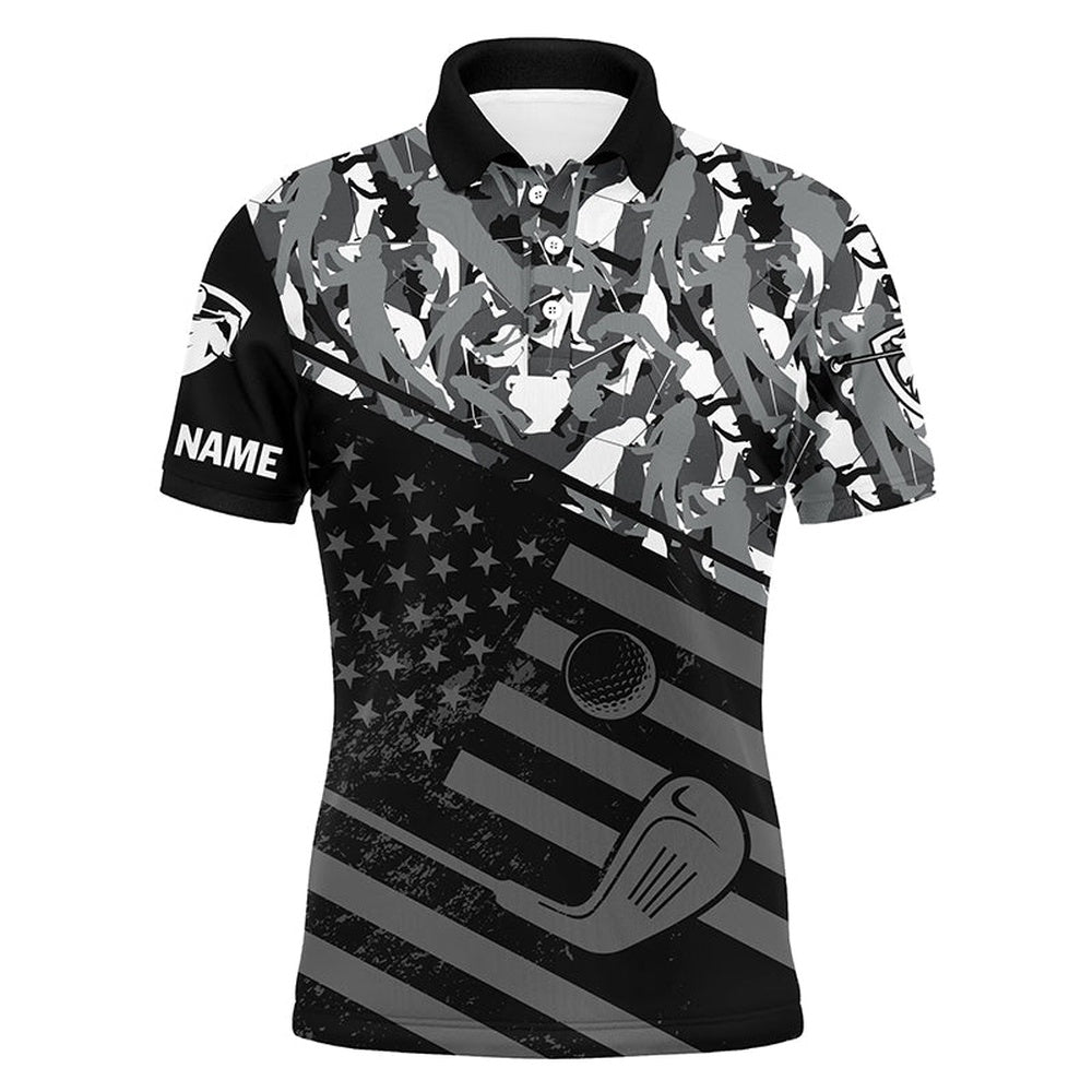 Golf Polo shirts, Mens Golf Polo Shirt Black American Flag Patriotic Gray Camo Polo Custom Name Golfing Gifts