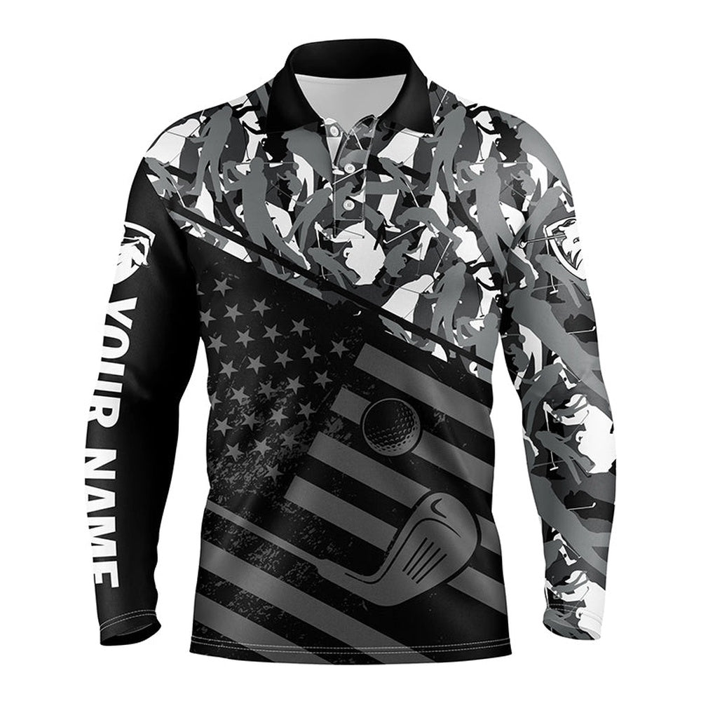 Golf Polo shirts, Mens Golf Polo Shirt Black American Flag Patriotic Gray Camo Polo Custom Name Golfing Gifts