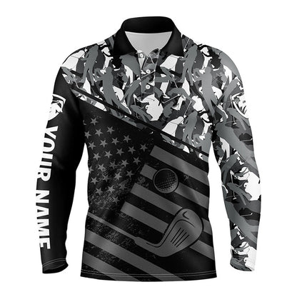 Golf Polo shirts, Mens Golf Polo Shirt Black American Flag Patriotic Gray Camo Polo Custom Name Golfing Gifts