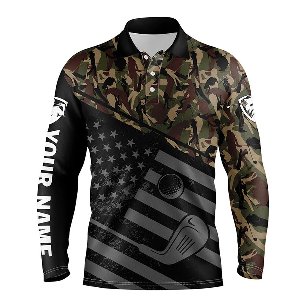Golf Polo shirts, Mens Golf Polo Shirt Black American Flag Patriotic Green Camo Polo Custom Name Golfing Gifts