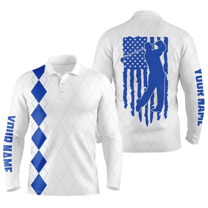 Golf Polo shirts, Mens Golf Polo Shirt Blue American Flag Patriotic Golf Shirts Custom Name Golf Gifts