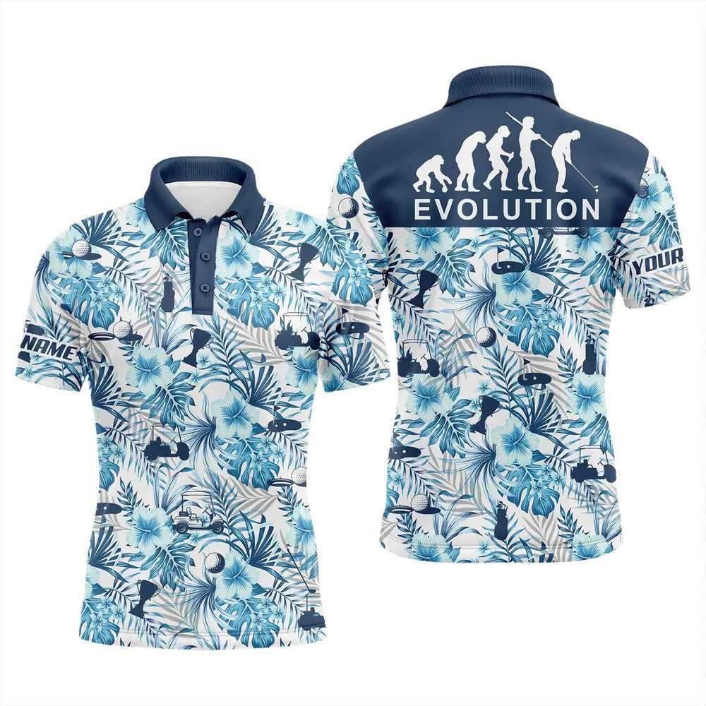 Golf Polo shirts, Mens Golf Polo Shirt Blue Tropical Plant Pattern Golf Shirts Custom Name Evolution Golf Gifts For Men