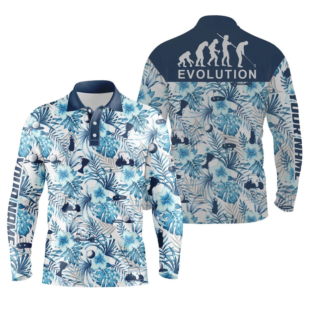 Golf Polo shirts, Mens Golf Polo Shirt Blue Tropical Plant Pattern Golf Shirts Custom Name Evolution Golf Gifts For Men