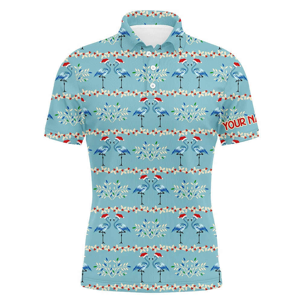 Golf Polo shirts, Mens Golf Polo Shirt Custom Blue Christmas Flamingo Pattern Golf Shirt For Men, Christmas Golf Gifts