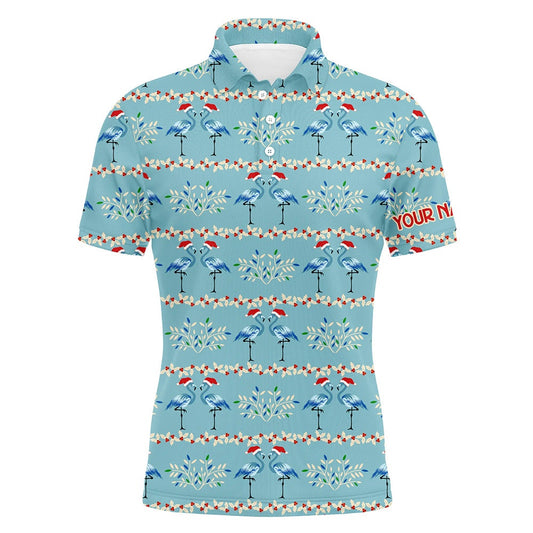 Golf Polo shirts, Mens Golf Polo Shirt Custom Blue Christmas Flamingo Pattern Golf Shirt For Men, Christmas Golf Gifts