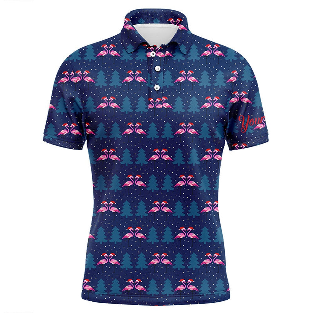 Golf Polo shirts, Mens Golf Polo Shirt Custom Blue Christmas Pattern With Flamingos In Hats, Gift For Golf Lovers