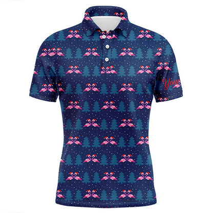 Golf Polo shirts, Mens Golf Polo Shirt Custom Blue Christmas Pattern With Flamingos In Hats, Gift For Golf Lovers