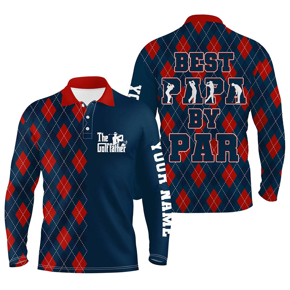 Golf Polo shirts, Mens Golf Polo Shirt Custom Blue Red Argyle Plaid Pattern Best Papa By Par, Father'S Day Golfing Gifts