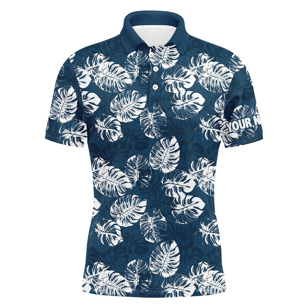 Golf Polo shirts, Mens Golf Polo Shirt Custom Blue Tropical Monstera Leaves Pattern Team Golf Tops For Men, Golfing Gift