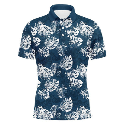 Golf Polo shirts, Mens Golf Polo Shirt Custom Blue Tropical Monstera Leaves Pattern Team Golf Tops For Men, Golfing Gift