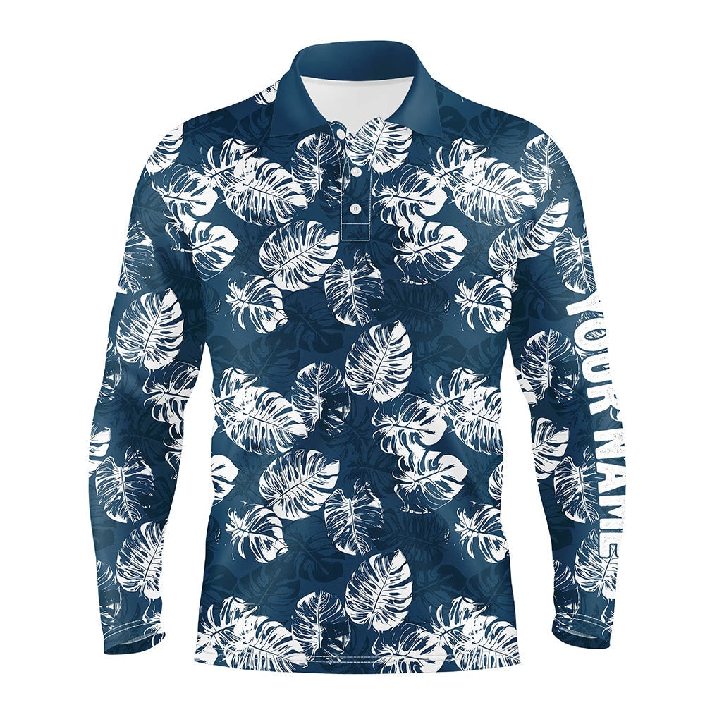 Golf Polo shirts, Mens Golf Polo Shirt Custom Blue Tropical Monstera Leaves Pattern Team Golf Tops For Men, Golfing Gift
