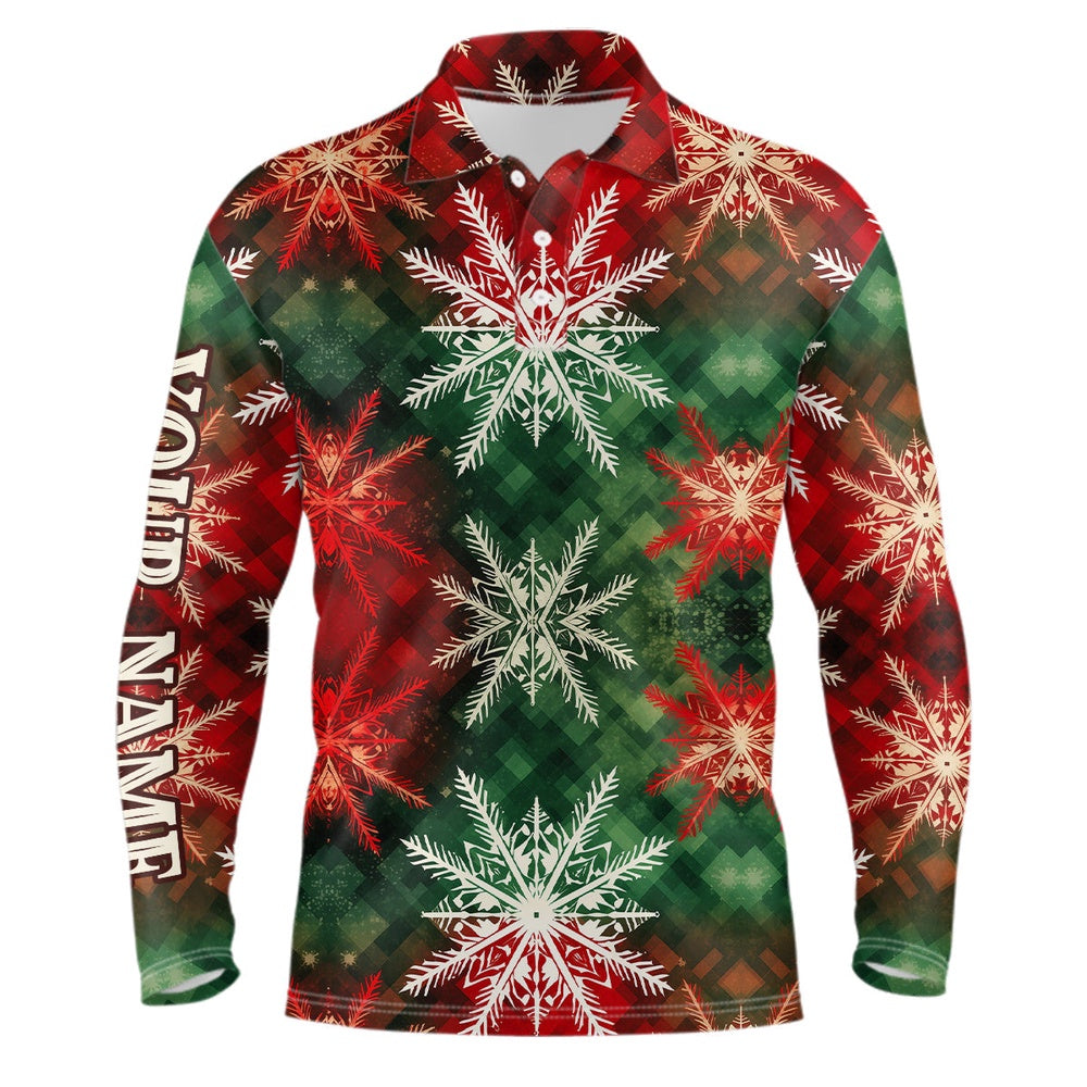 Golf Polo shirts, Mens Golf Polo Shirt Custom Christmas Snowflake Plaid Pattern, Xmas Gift For Golf Lovers