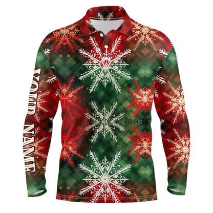 Golf Polo shirts, Mens Golf Polo Shirt Custom Christmas Snowflake Plaid Pattern, Xmas Gift For Golf Lovers