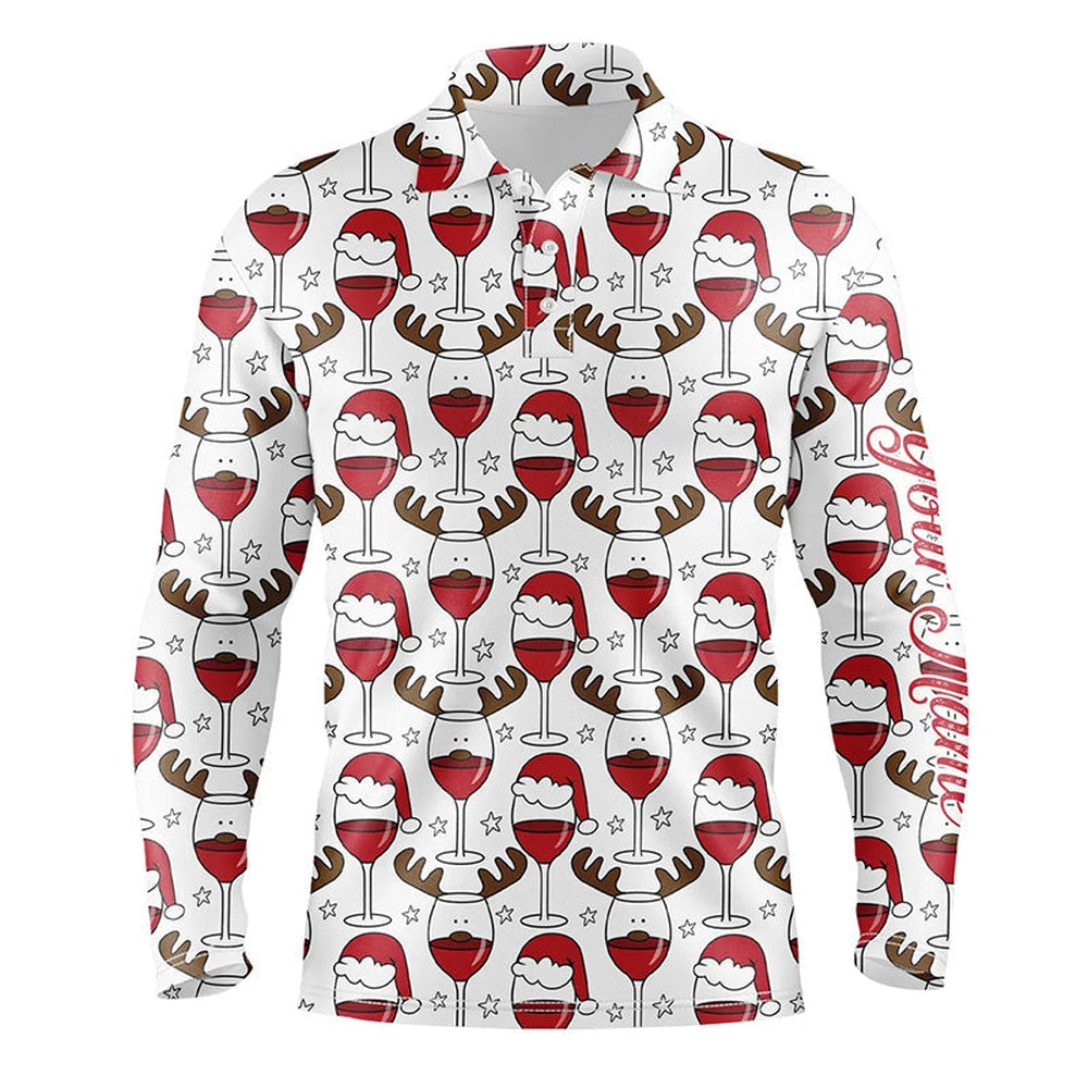Golf Polo shirts, Mens Golf Polo Shirt Custom Christmas Wine Glass In Reindeer Antler Santa Hat, Gift For Golf Lovers