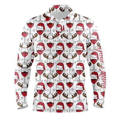 Golf Polo shirts, Mens Golf Polo Shirt Custom Christmas Wine Glass In Reindeer Antler Santa Hat, Gift For Golf Lovers