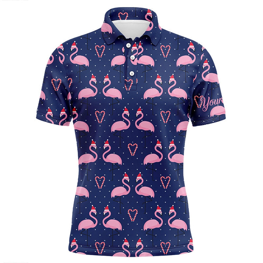Golf Polo shirts, Mens Golf Polo Shirt Custom Flamingo In Xmas Hat With Candy Cane Heart Blue Background, Xmas Golf Gift