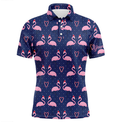Golf Polo shirts, Mens Golf Polo Shirt Custom Flamingo In Xmas Hat With Candy Cane Heart Blue Background, Xmas Golf Gift