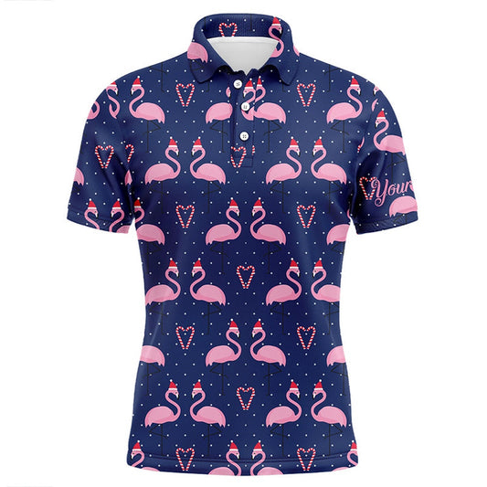 Golf Polo shirts, Mens Golf Polo Shirt Custom Flamingo In Xmas Hat With Candy Cane Heart Blue Background, Xmas Golf Gift