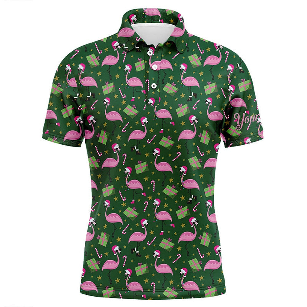 Golf Polo shirts, Mens Golf Polo Shirt Custom Green Flamingo Christmas Pattern Golf Shirt, Gift For Golf Lovers