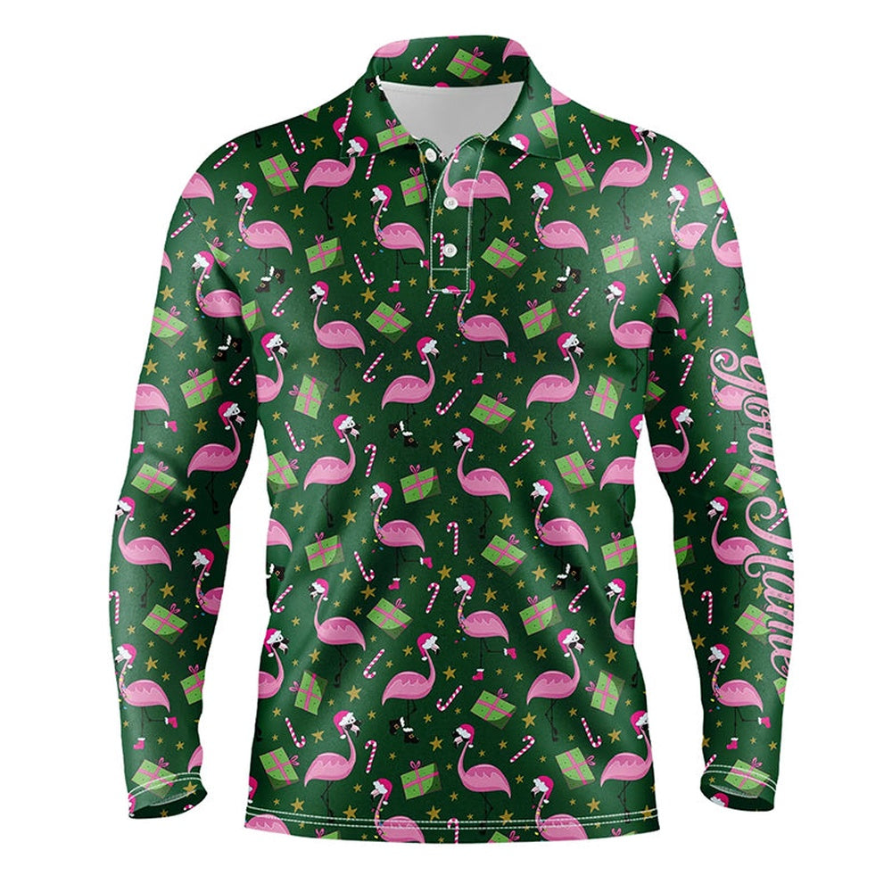 Golf Polo shirts, Mens Golf Polo Shirt Custom Green Flamingo Christmas Pattern Golf Shirt, Gift For Golf Lovers