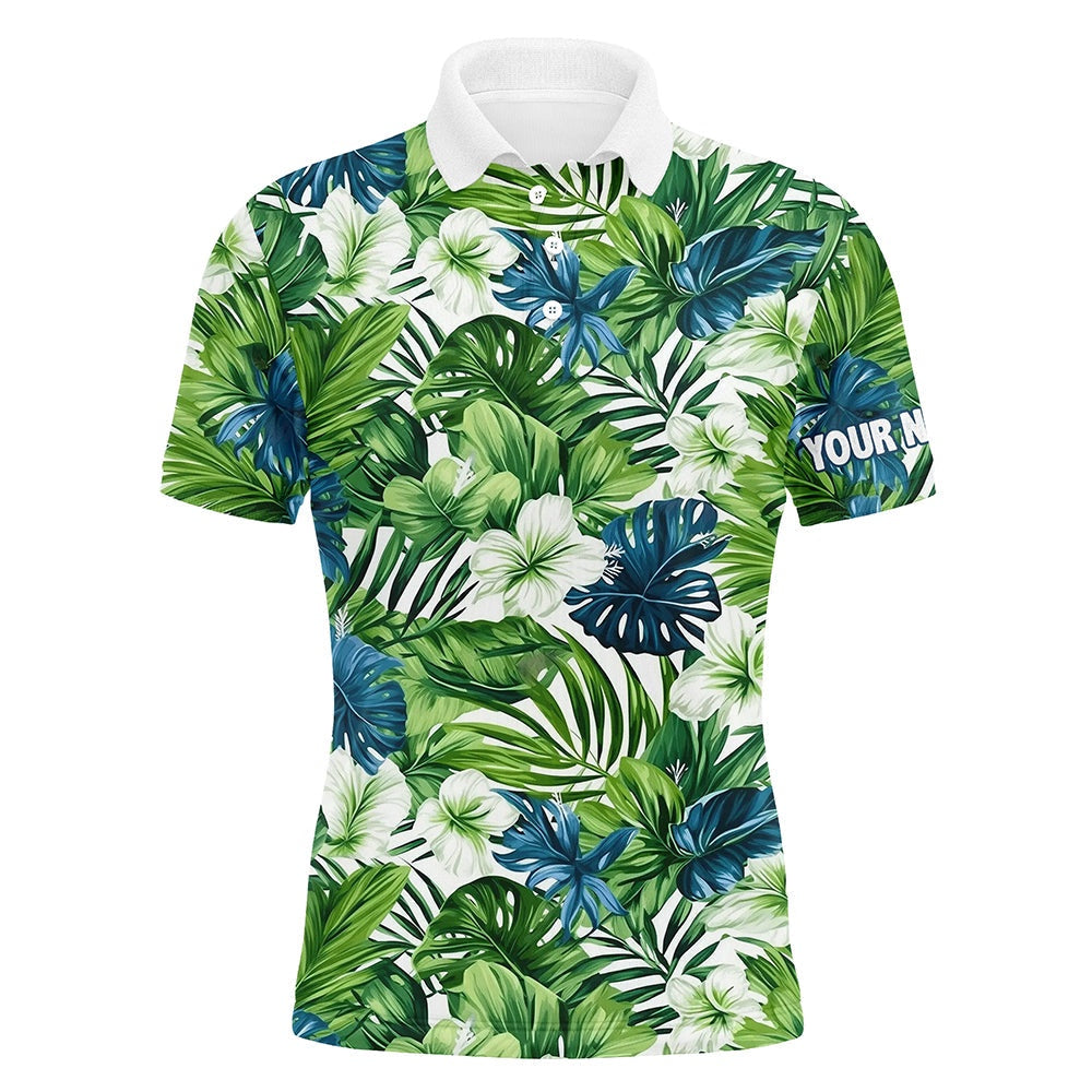 Golf Polo shirts, Mens Golf Polo Shirt Custom Green Tropical Flower Leaves Pattern Team Golf Tops For Men, Golfing Gift