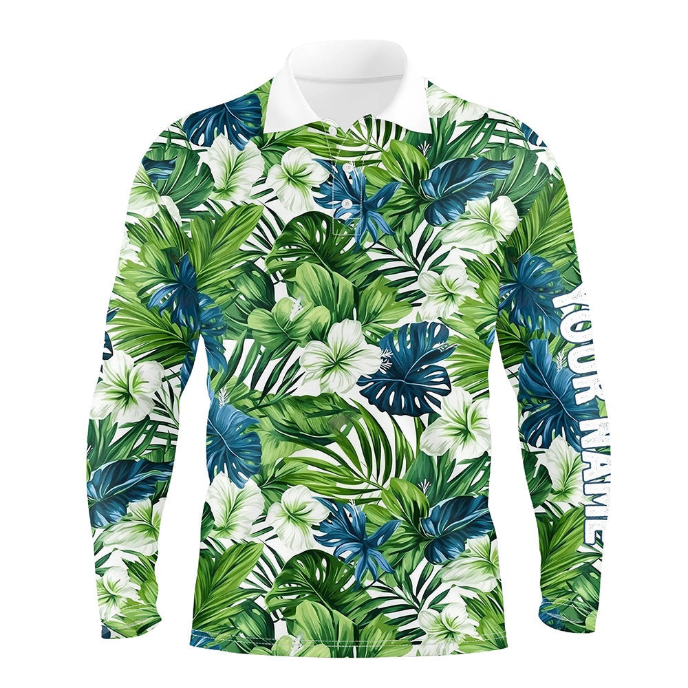Golf Polo shirts, Mens Golf Polo Shirt Custom Green Tropical Flower Leaves Pattern Team Golf Tops For Men, Golfing Gift