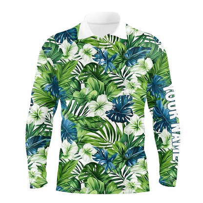Golf Polo shirts, Mens Golf Polo Shirt Custom Green Tropical Flower Leaves Pattern Team Golf Tops For Men, Golfing Gift