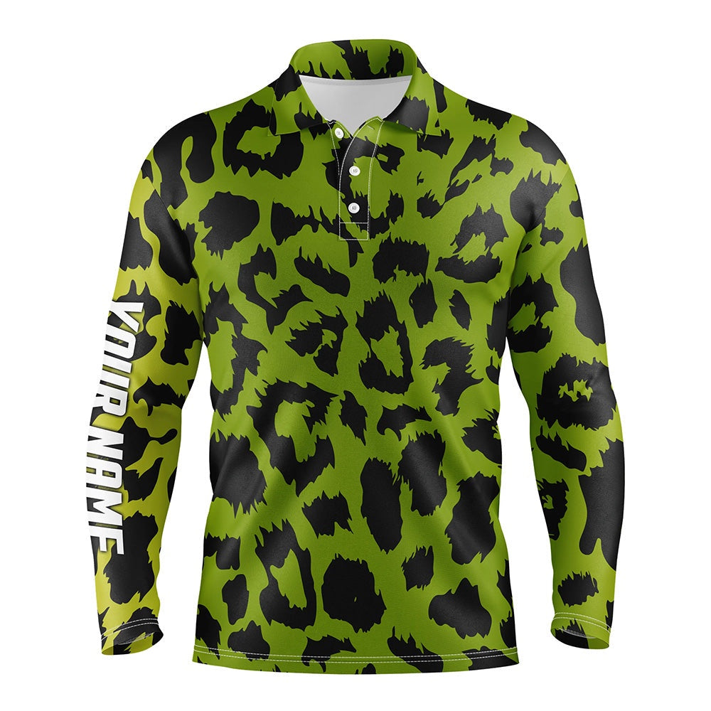 Golf Polo shirts, Mens Golf Polo Shirt Custom Lime Green Leopard Pattern Team Golf Shirts, Golf Wear For Mens