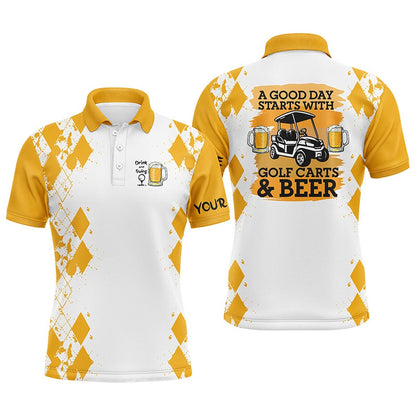 Golf Polo shirts, Mens Golf Polo Shirt Custom Name A Good Day Starts With Golf Carts And Beer, Funny Golf Beer Shirts