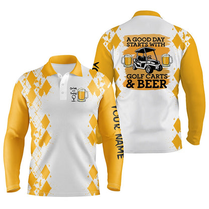 Golf Polo shirts, Mens Golf Polo Shirt Custom Name A Good Day Starts With Golf Carts And Beer, Funny Golf Beer Shirts