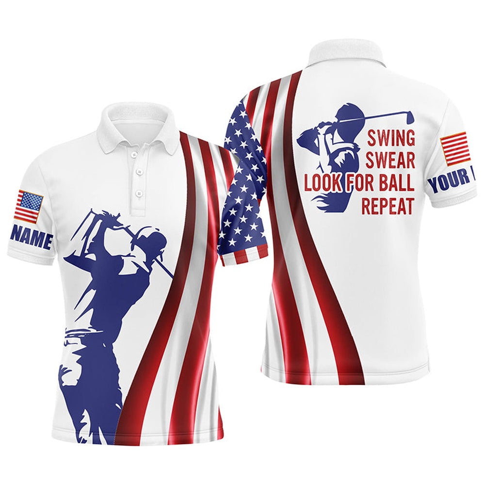Golf Polo shirts, Mens Golf Polo Shirt Custom Name American Flag Patriotic Golf Shirt Swing Swear Look For Ball Repeat