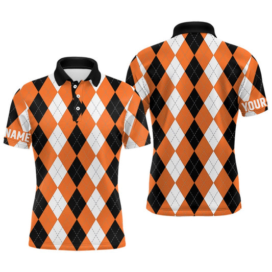 Golf Polo shirts, Mens Golf Polo Shirt Custom Orange Argyle Plaid Pattern Golf Attire For Men