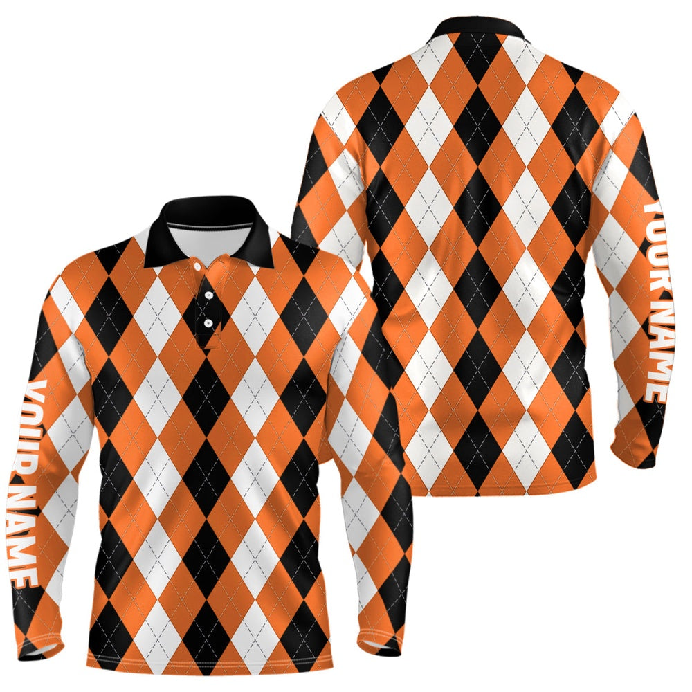 Golf Polo shirts, Mens Golf Polo Shirt Custom Orange Argyle Plaid Pattern Golf Attire For Men