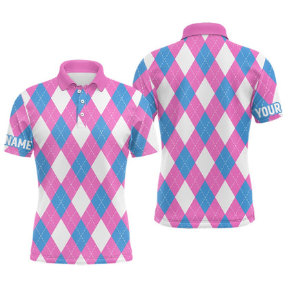 Golf Polo shirts, Mens Golf Polo Shirt Custom Pink, Blue And White Argyle Plaid Pattern Golf Attire For Men