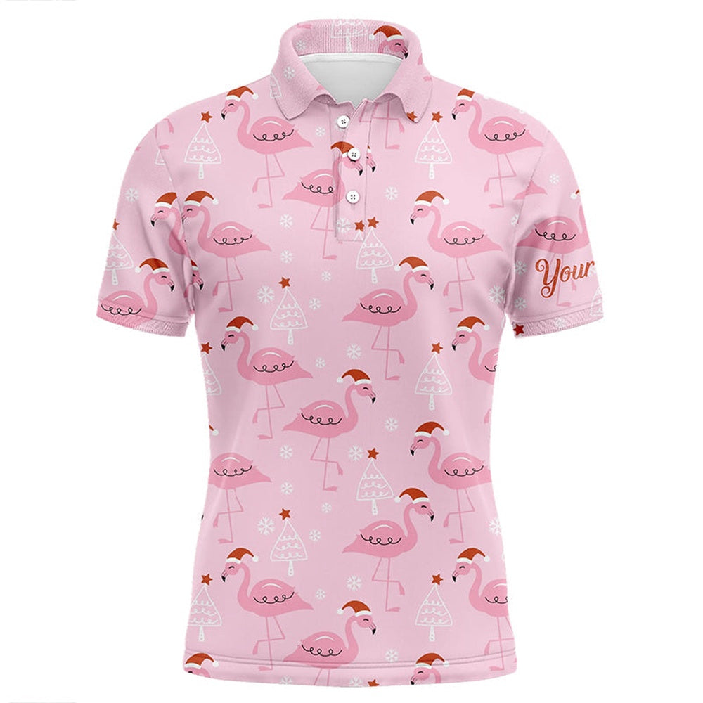 Golf Polo shirts, Mens Golf Polo Shirt Custom Pink Flamingo Christmas Pattern In Xmas Santa Hat, Christmas Golf Gifts