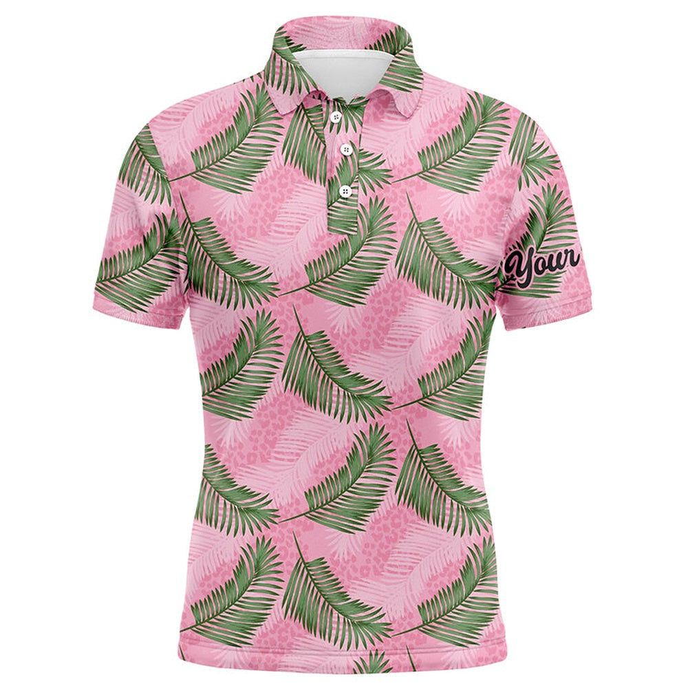 Golf Polo shirts, Mens Golf Polo Shirt Custom Pink Leopard Palm Leaves Tropical Golf Shirts, Golf Clothes For Men