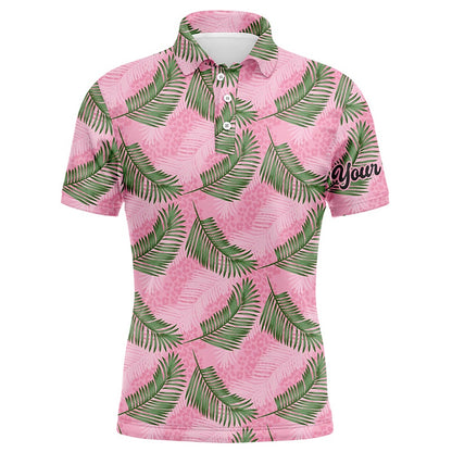 Golf Polo shirts, Mens Golf Polo Shirt Custom Pink Leopard Palm Leaves Tropical Golf Shirts, Golf Clothes For Men