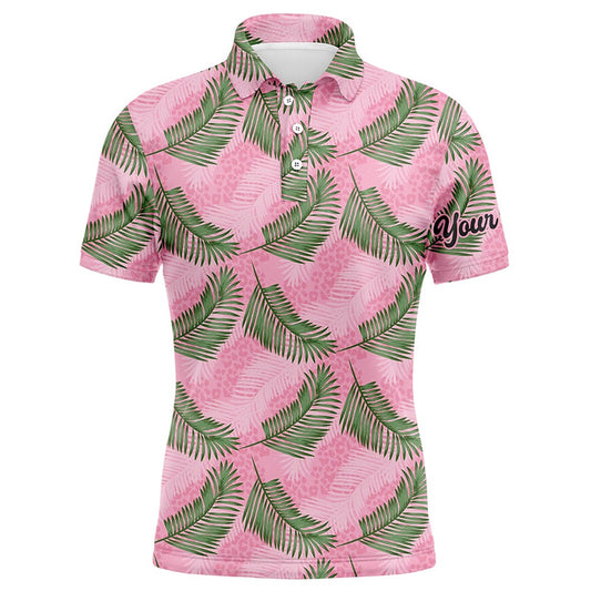 Golf Polo shirts, Mens Golf Polo Shirt Custom Pink Leopard Palm Leaves Tropical Golf Shirts, Golf Clothes For Men