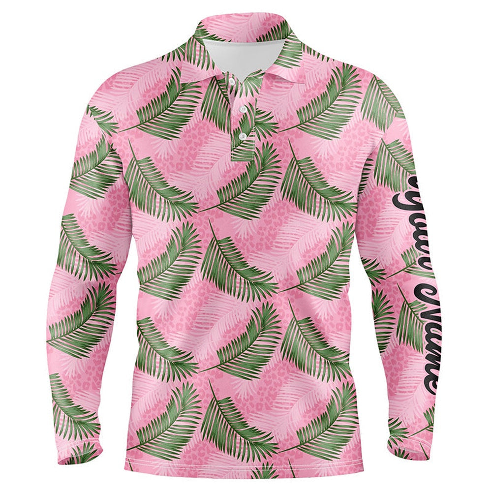 Golf Polo shirts, Mens Golf Polo Shirt Custom Pink Leopard Palm Leaves Tropical Golf Shirts, Golf Clothes For Men