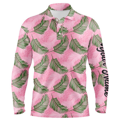 Golf Polo shirts, Mens Golf Polo Shirt Custom Pink Leopard Palm Leaves Tropical Golf Shirts, Golf Clothes For Men
