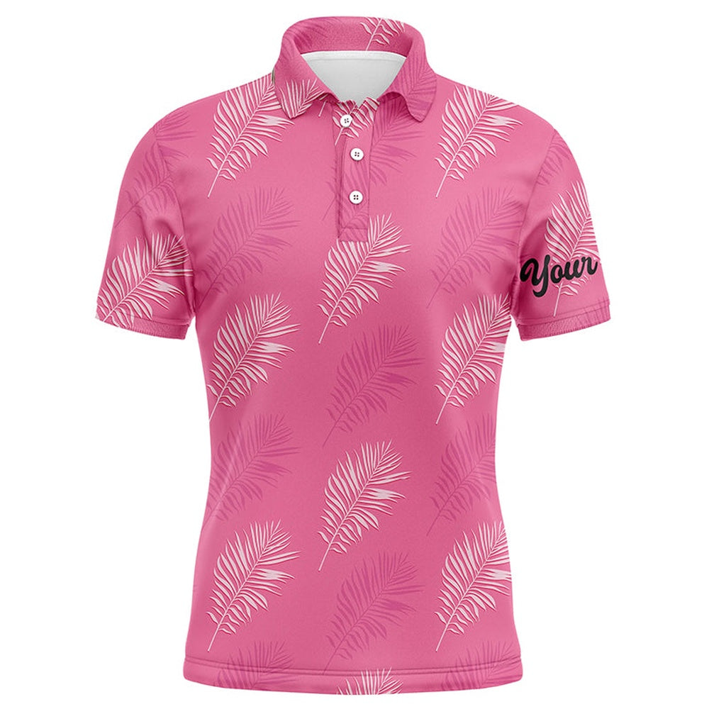 Golf Polo shirts, Mens Golf Polo Shirt Custom Pink Palm Leaves Tropical Pattern Golf Shirts, Mens Golf Tops