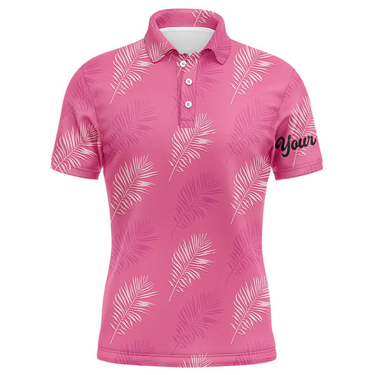 Golf Polo shirts, Mens Golf Polo Shirt Custom Pink Palm Leaves Tropical Pattern Golf Shirts, Mens Golf Tops