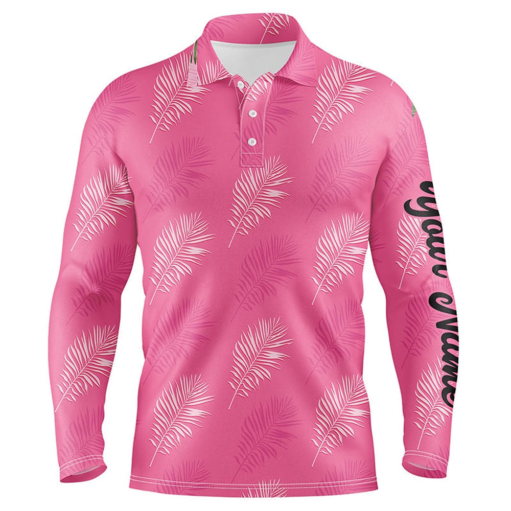 Golf Polo shirts, Mens Golf Polo Shirt Custom Pink Palm Leaves Tropical Pattern Golf Shirts, Mens Golf Tops