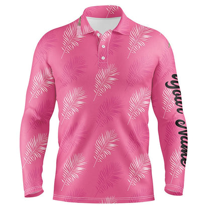 Golf Polo shirts, Mens Golf Polo Shirt Custom Pink Palm Leaves Tropical Pattern Golf Shirts, Mens Golf Tops