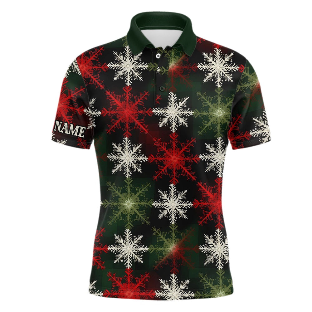 Golf Polo shirts, Mens Golf Polo Shirt Custom Red Green Christmas Snowflake Pattern, Mens Christmas Golf Shirts
